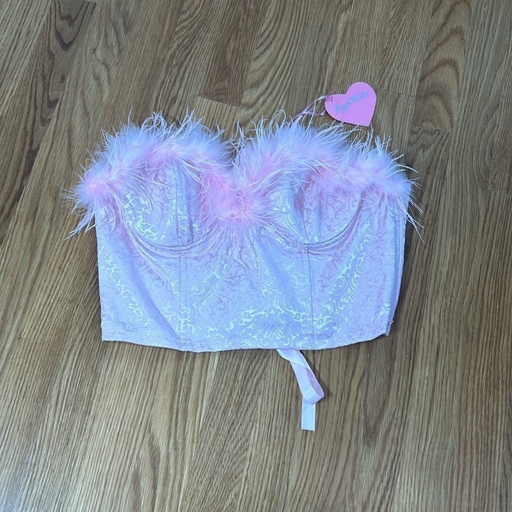 Sugar Thrillz brocade regency pink faux ostrich feather corset crop large new
